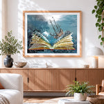 Finished sailing ship emerging from a book cross stitch artwork displayed