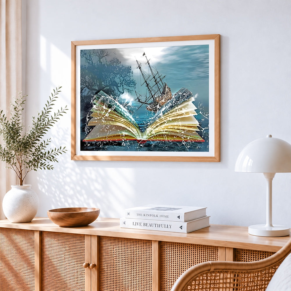 Sailing ship emerging from a book cross stitch artwork displayed on wall as home decor