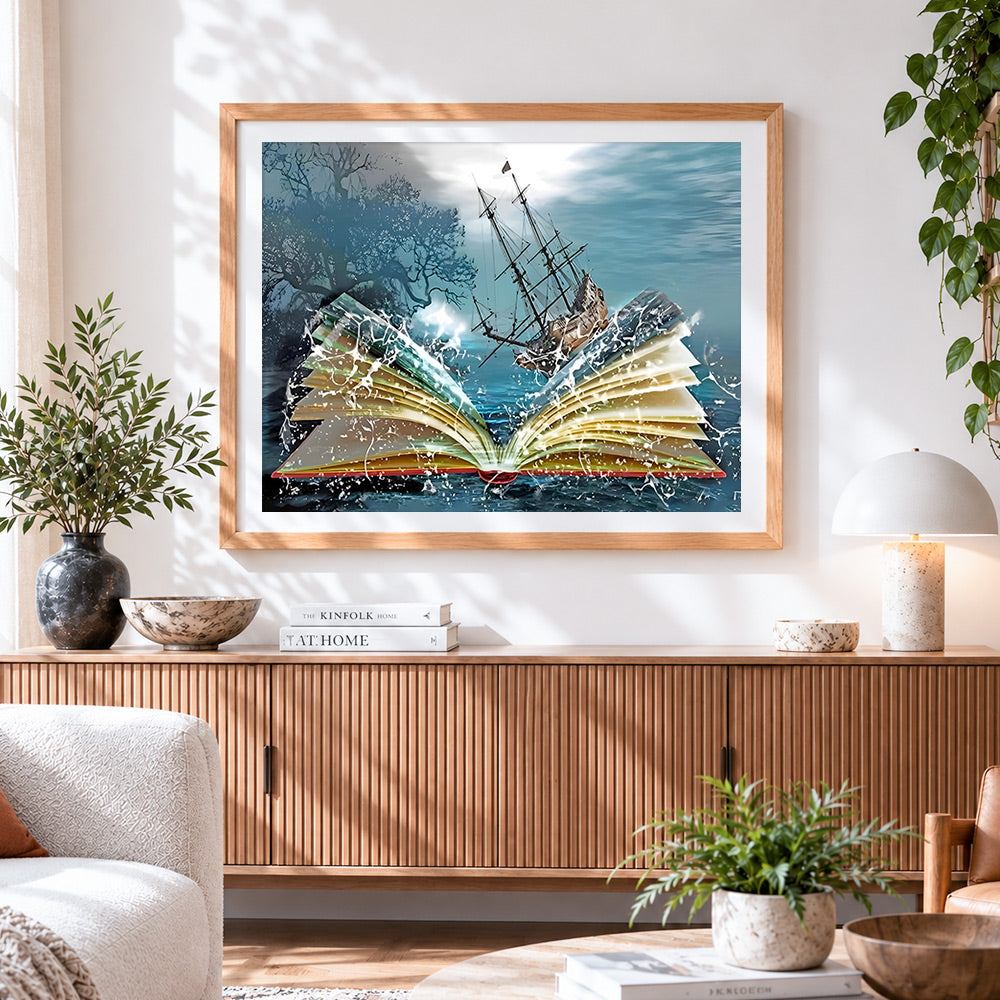 Finished sailing ship emerging from a book paint by numbers artwork displayed as home decor