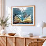 Sailing ship emerging from a book paint by numbers artwork displayed on wall as home decor