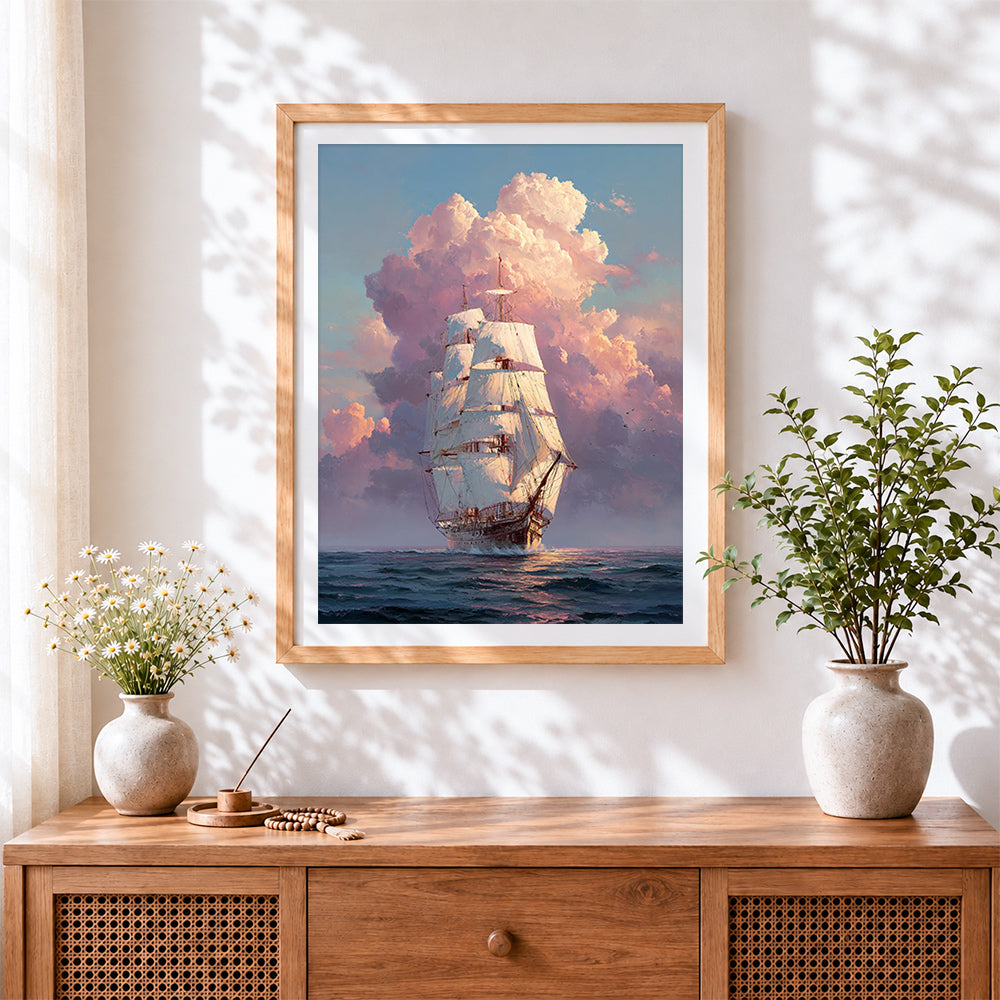 Finished sailing ship in pink clouds cross stitch artwork displayed