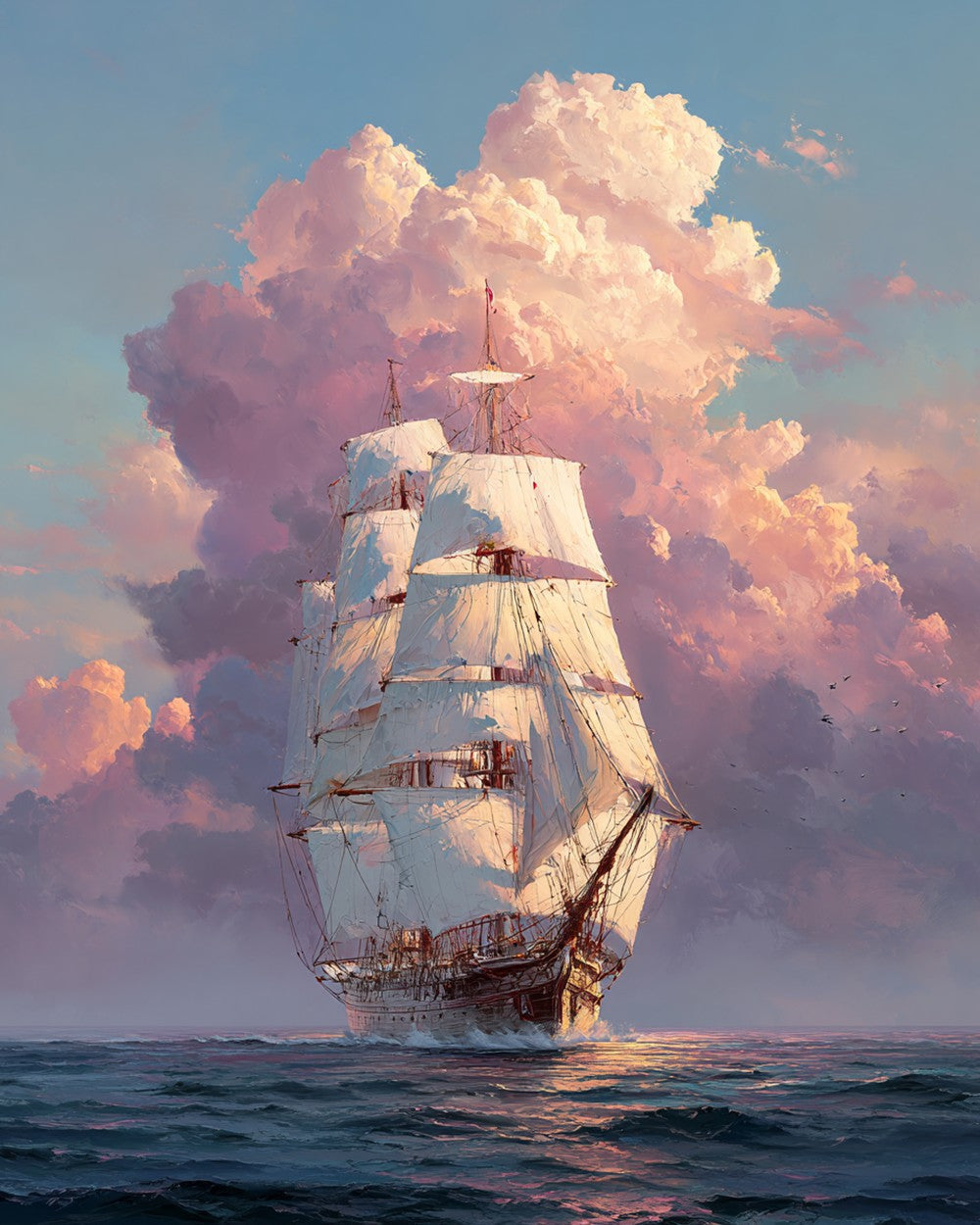 Sailing ship in pink clouds cross stitch kit for beginners