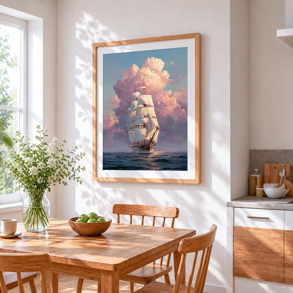 Sailing ship in pink clouds cross stitch artwork displayed on wall as home decor