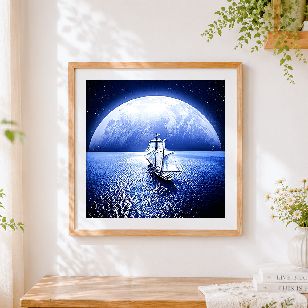 Finished sailing ship under a giant moon paint by numbers artwork displayed as home decor