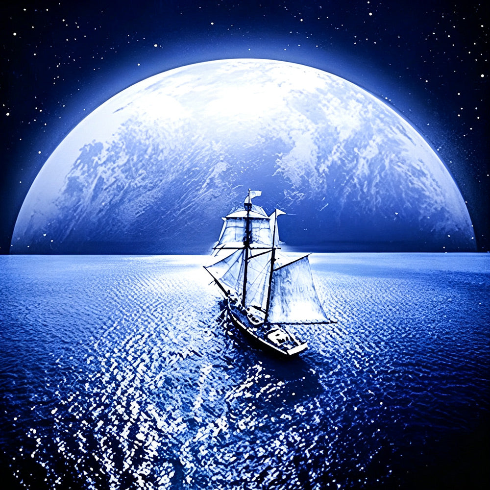 Sailing ship under a giant moon paint by numbers kit for beginners