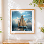 Finished sailing yacht in sunlight cross stitch artwork displayed