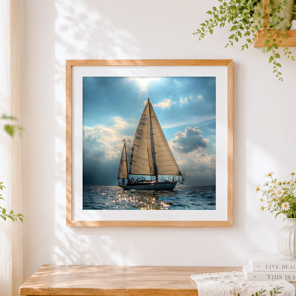 Finished sailing yacht in sunlight cross stitch artwork displayed