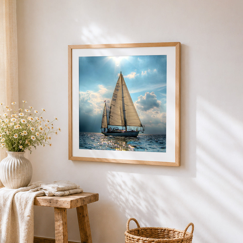 Sailing yacht in sunlight cross stitch artwork displayed on wall as home decor