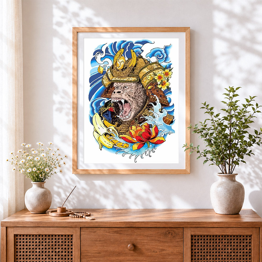 Finished samurai monkey warrior cross stitch artwork displayed