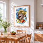 Samurai monkey warrior cross stitch artwork displayed on wall as home decor