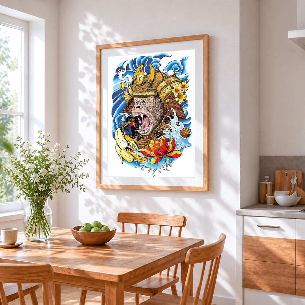 Samurai monkey warrior cross stitch artwork displayed on wall as home decor