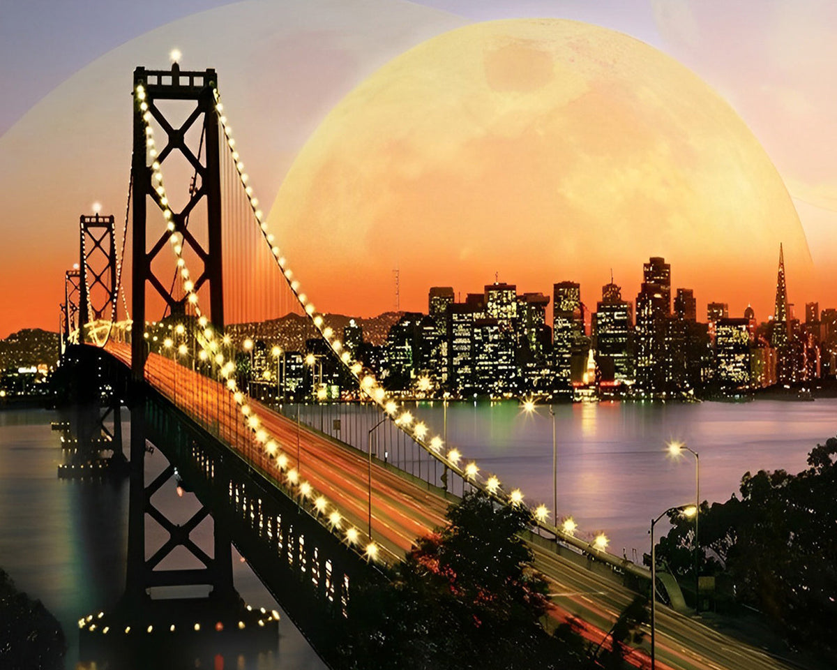 San francisco bay bridge and supermoon cross stitch kit for beginners