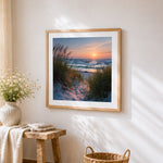 Sand dunes and beach grass at sunset cross stitch artwork displayed on wall as home decor