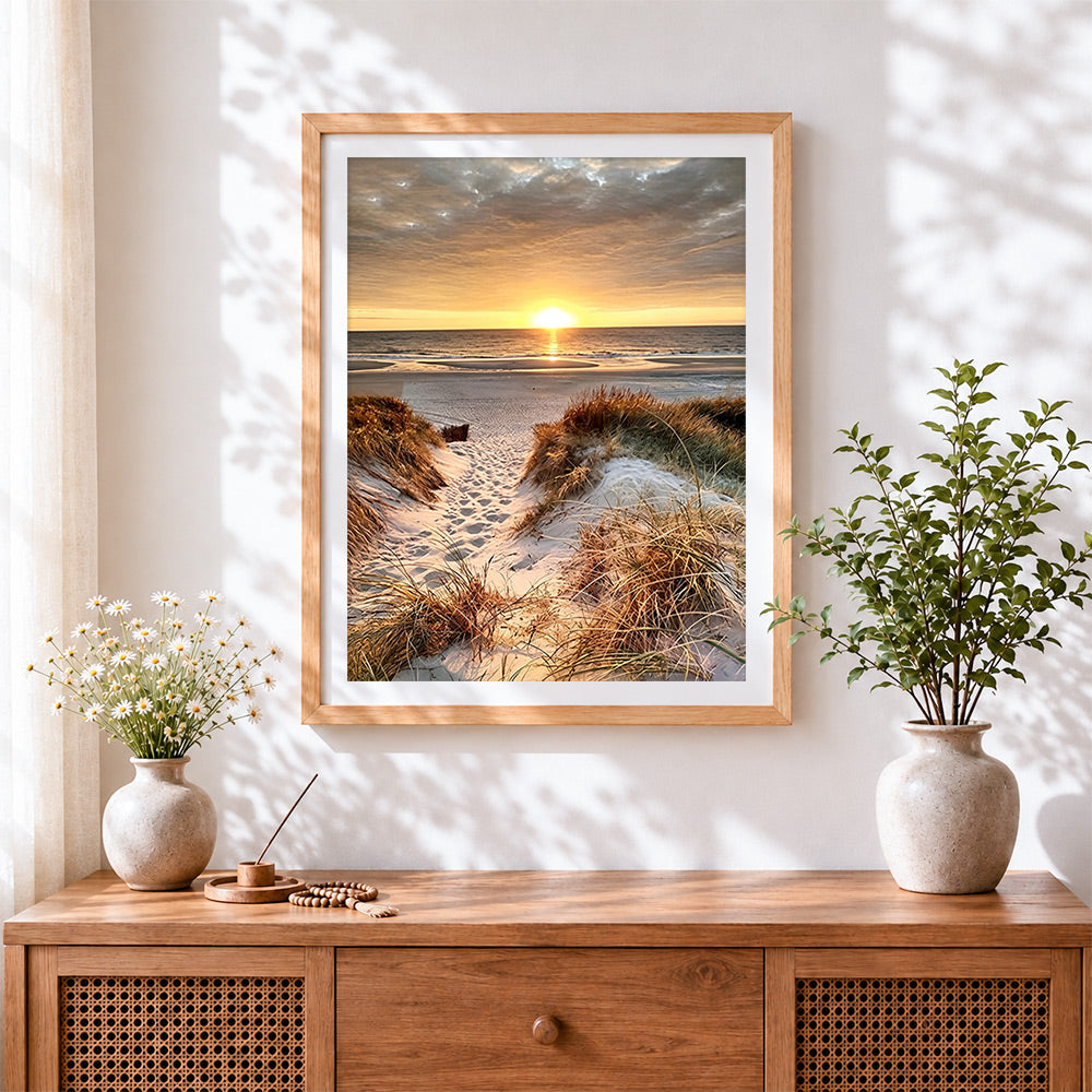 Finished sand dunes at sunset cross stitch artwork displayed