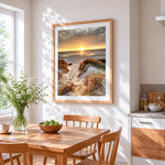 Sand dunes at sunset cross stitch artwork displayed on wall as home decor