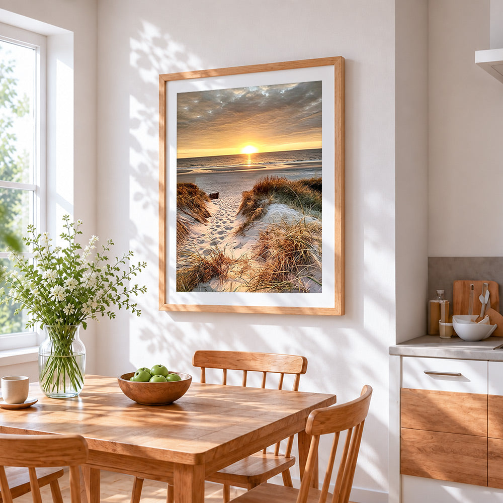 Sand dunes at sunset cross stitch artwork displayed on wall as home decor