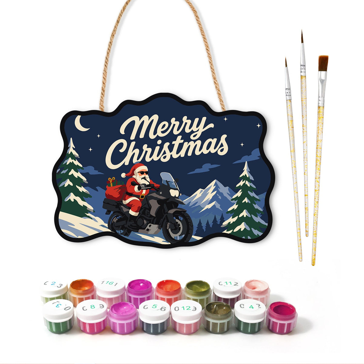Santa adventure motorcycle paint by numbers door hanger with paints and brushes