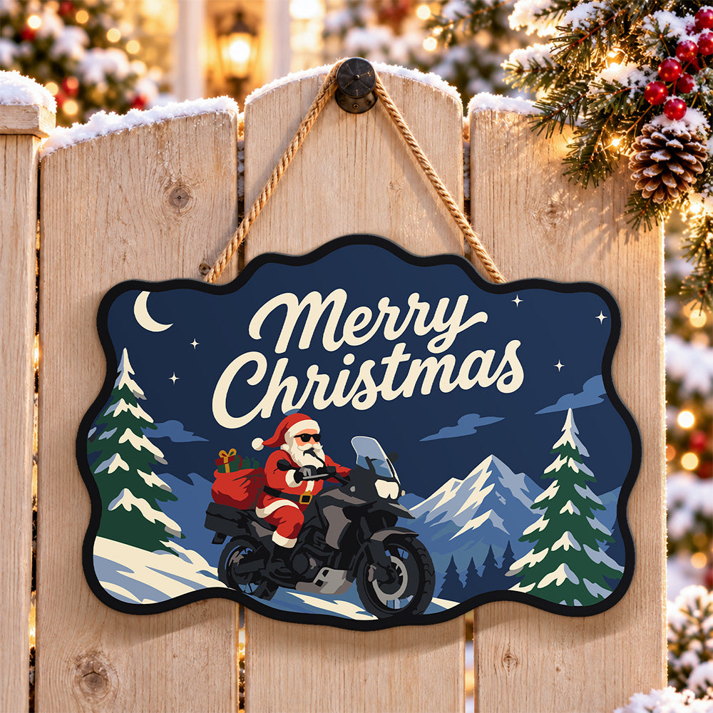 Santa adventure motorcycle paint by numbers door hanger on a garden gate