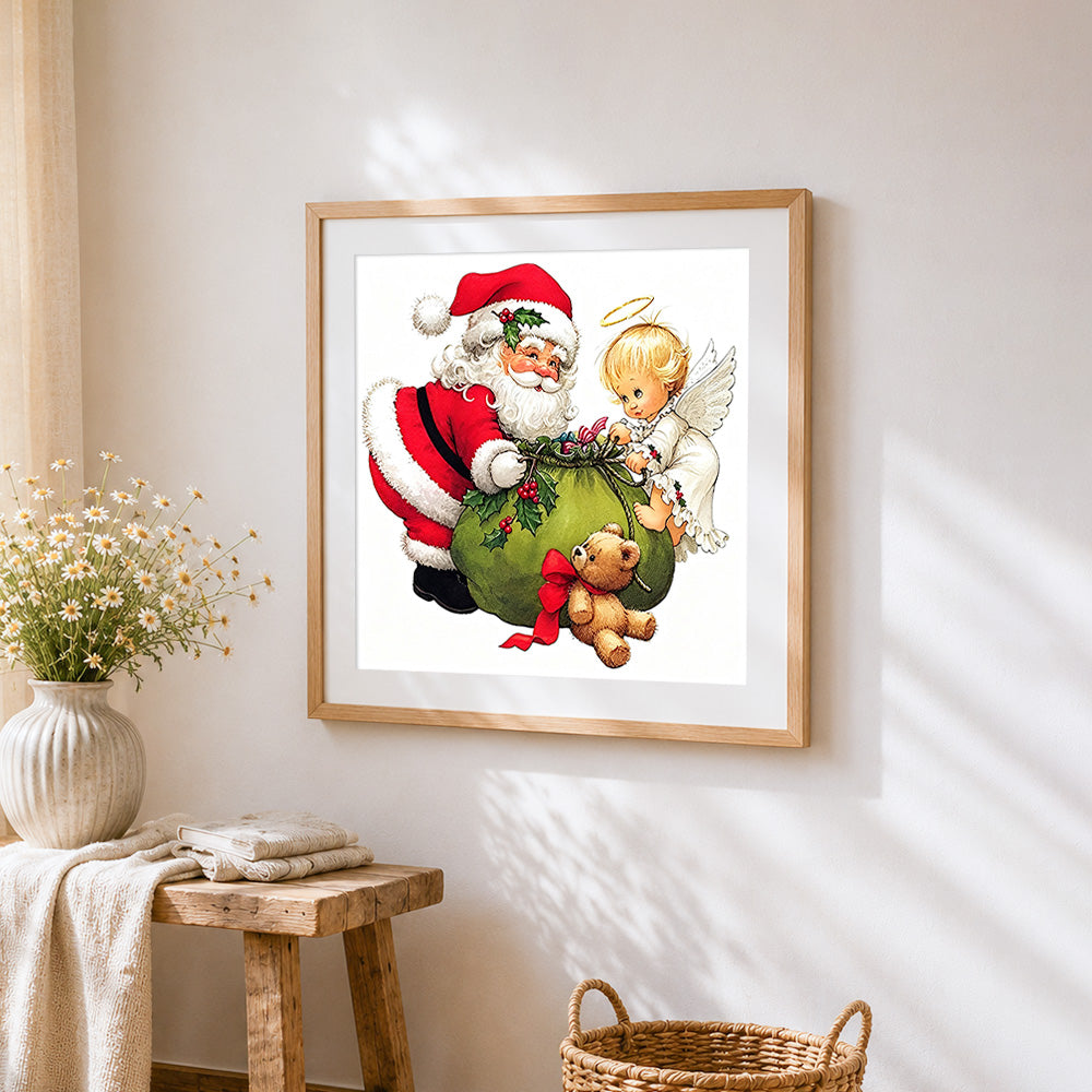 Santa and angel with gift sack paint by numbers artwork displayed on wall as home decor
