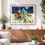 Finished santa and animals in snow cross stitch artwork displayed