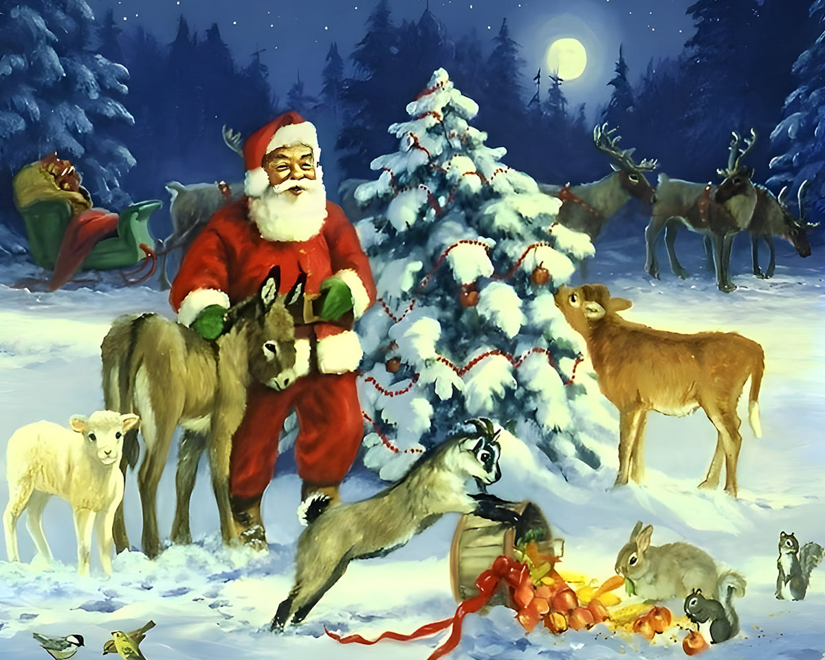 Santa and animals in snow cross stitch kit for beginners