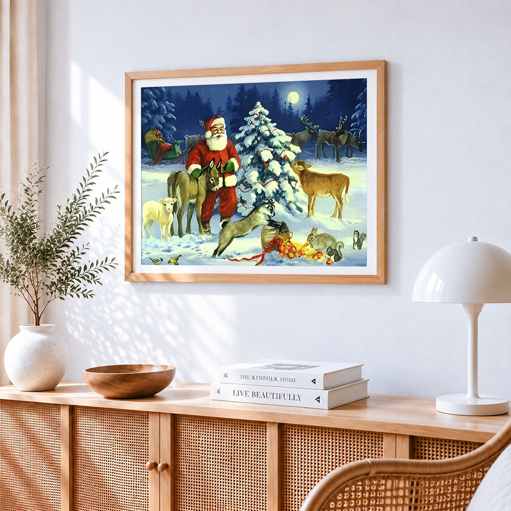 Santa and animals in snow cross stitch artwork displayed on wall as home decor