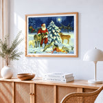 Santa and animals in snow cross stitch artwork displayed on wall as home decor