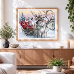 Finished santa and child in sleigh with reindeer cross stitch artwork displayed