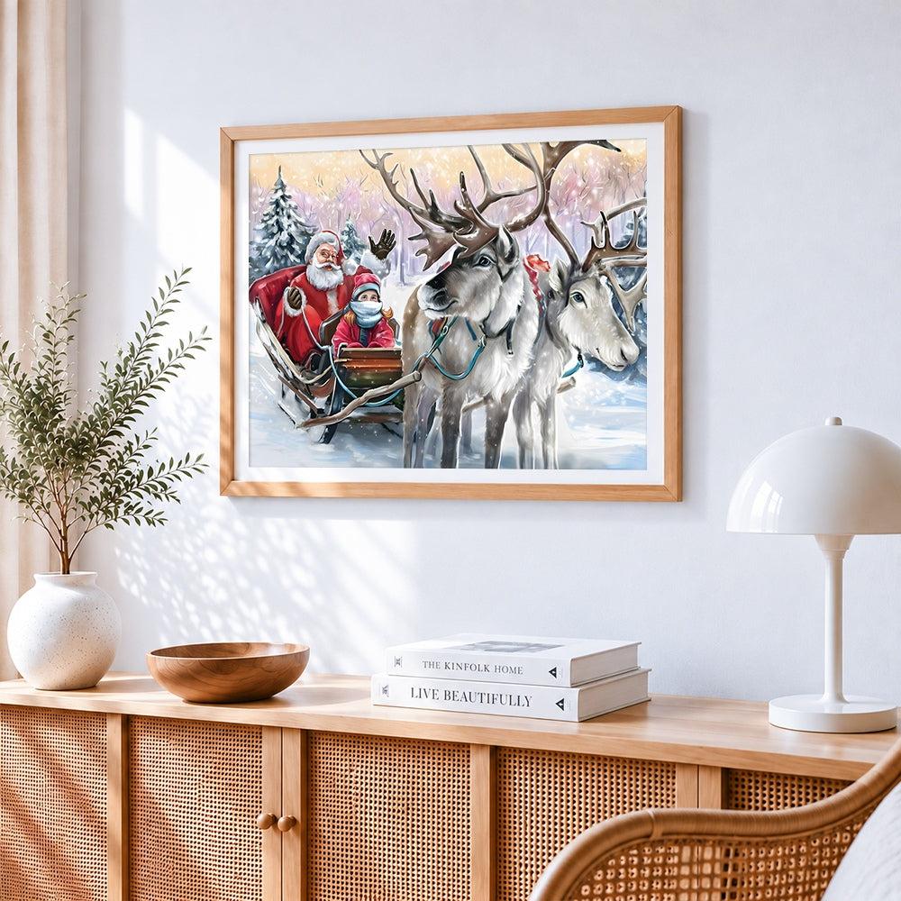 Santa and child in sleigh with reindeer cross stitch artwork displayed on wall as home decor