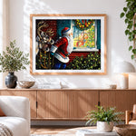 Finished santa and children at the window cross stitch artwork displayed