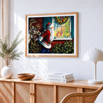 Santa and children at the window cross stitch artwork displayed on wall as home decor