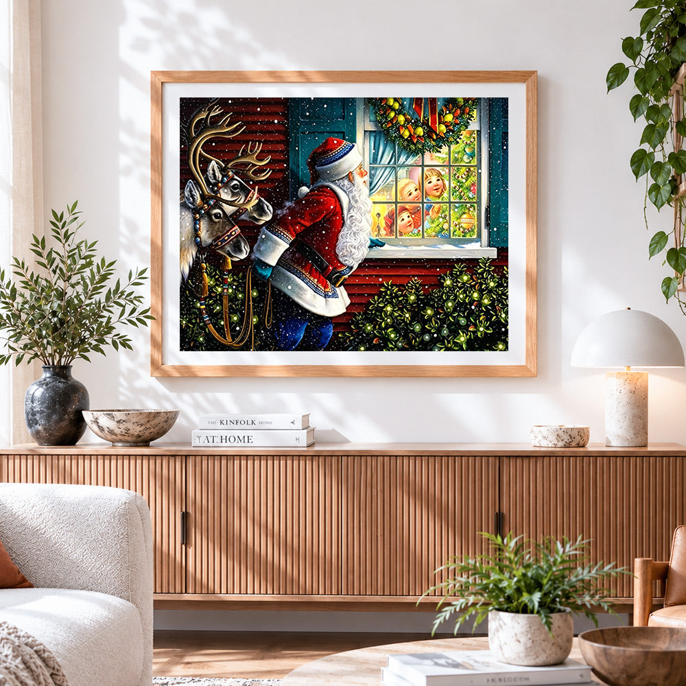 Finished santa and children at the window paint by numbers artwork displayed as home decor