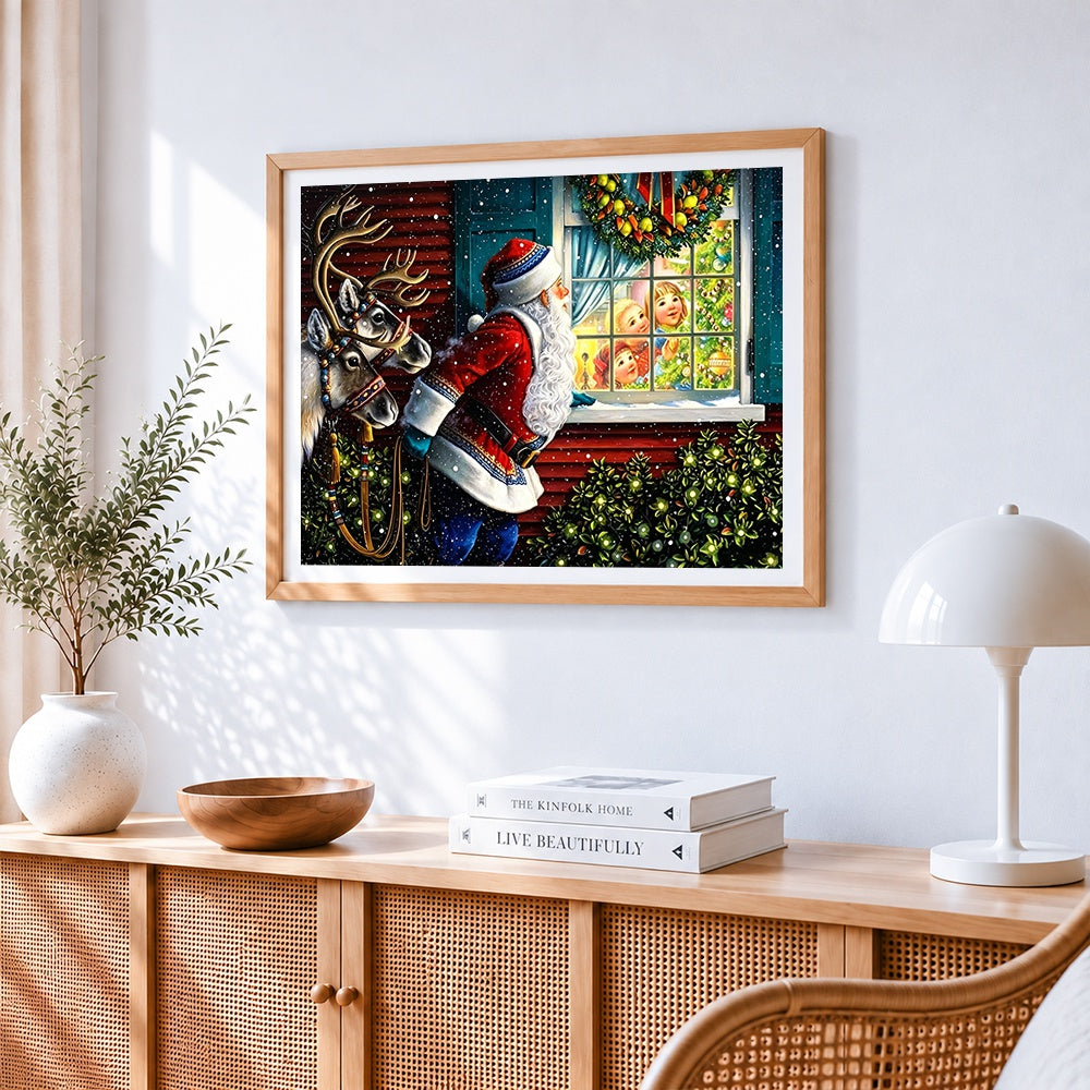 Santa and children at the window paint by numbers artwork displayed on wall as home decor