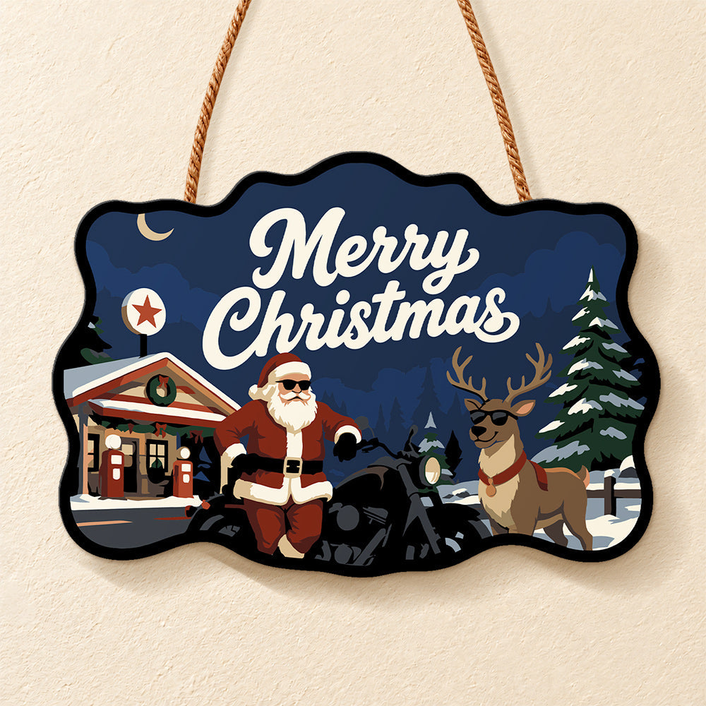 Santa and cool reindeer at gas station paint by numbers door hanger finished design
