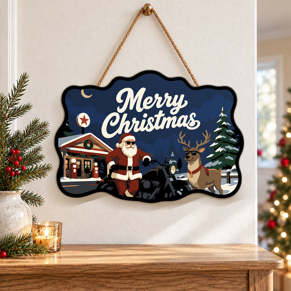 Santa and cool reindeer at gas station paint by numbers door hanger as indoor wall decor