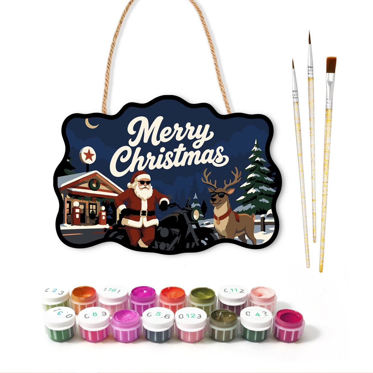 Santa and cool reindeer at gas station paint by numbers door hanger with paints and brushes