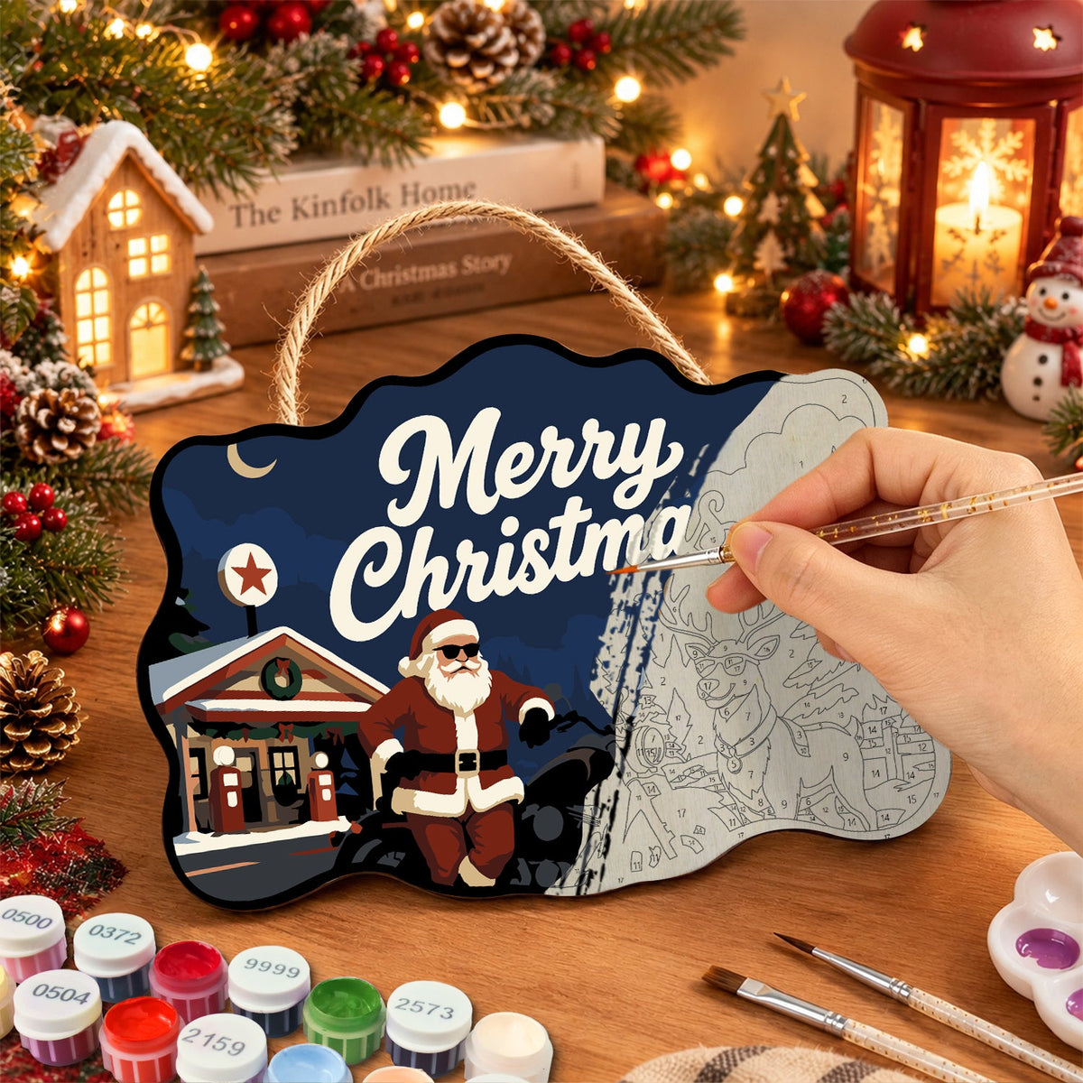 Santa and cool reindeer at gas station paint by numbers door hanger painting process