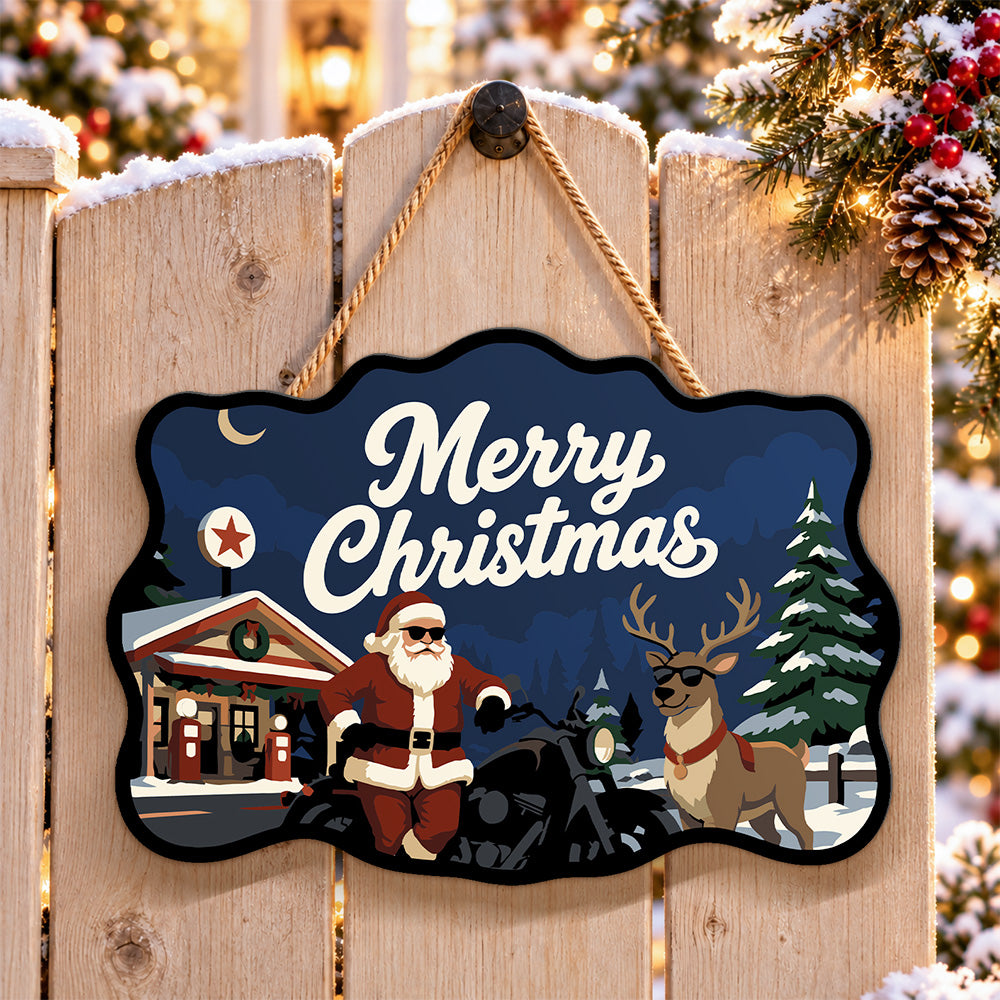 Santa and cool reindeer at gas station paint by numbers door hanger on a garden gate