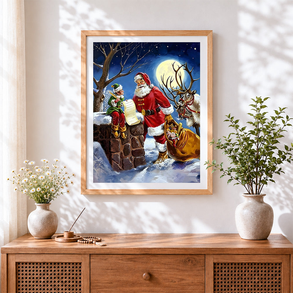 Finished santa and elf checking list cross stitch artwork displayed