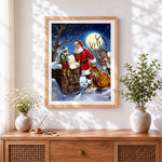 Finished santa and elf checking list cross stitch artwork displayed