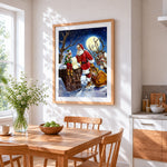 Santa and elf checking list cross stitch artwork displayed on wall as home decor