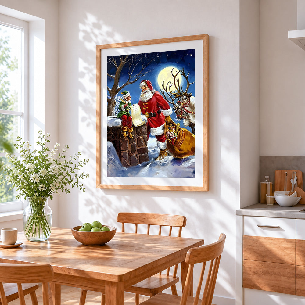 Santa and elf checking list cross stitch artwork displayed on wall as home decor