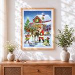Finished santa and elves at reindeer barn cross stitch artwork displayed