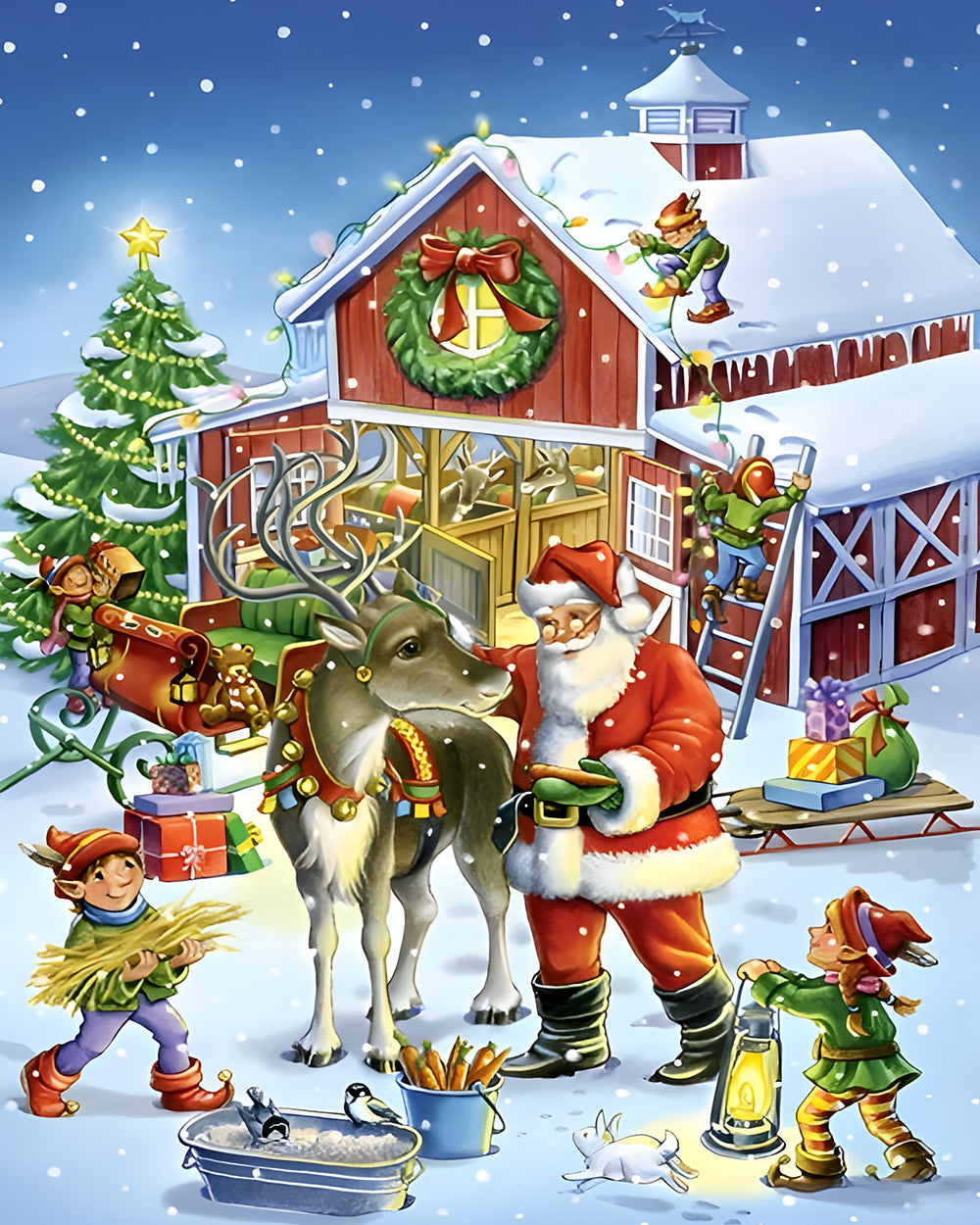 Santa and elves at reindeer barn cross stitch kit for beginners