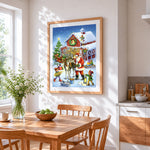 Santa and elves at reindeer barn cross stitch artwork displayed on wall as home decor
