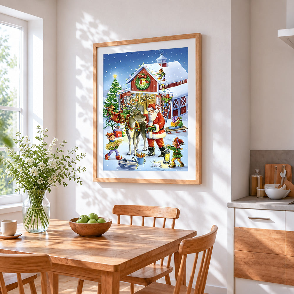 Santa and elves at reindeer barn cross stitch artwork displayed on wall as home decor