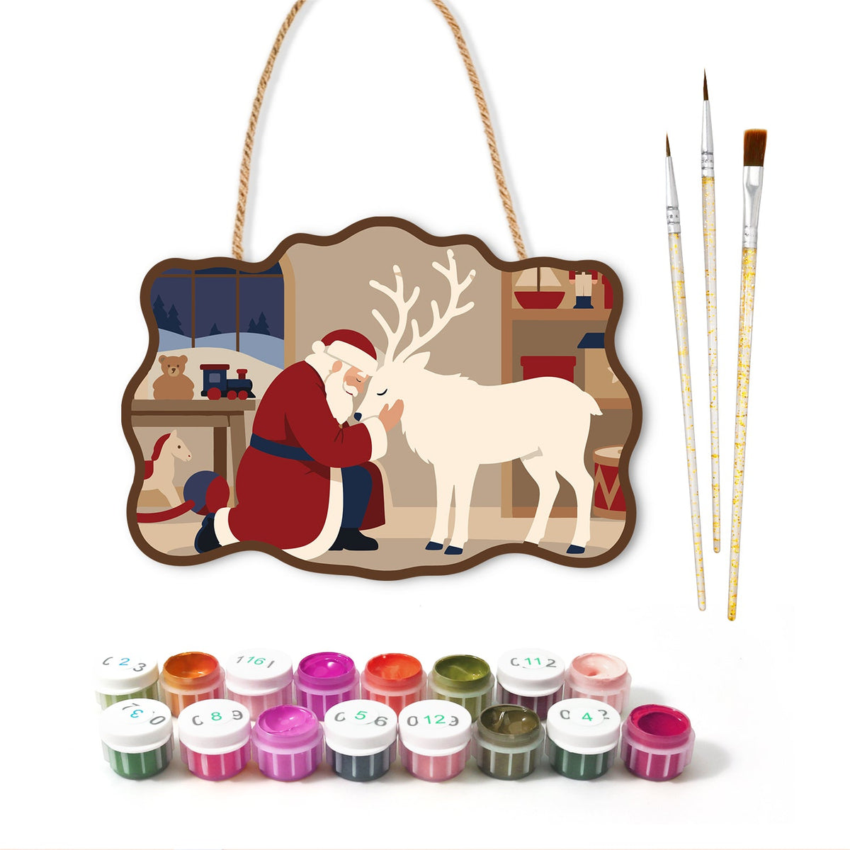 Santa and reindeer bond paint by numbers door hanger with paints and brushes