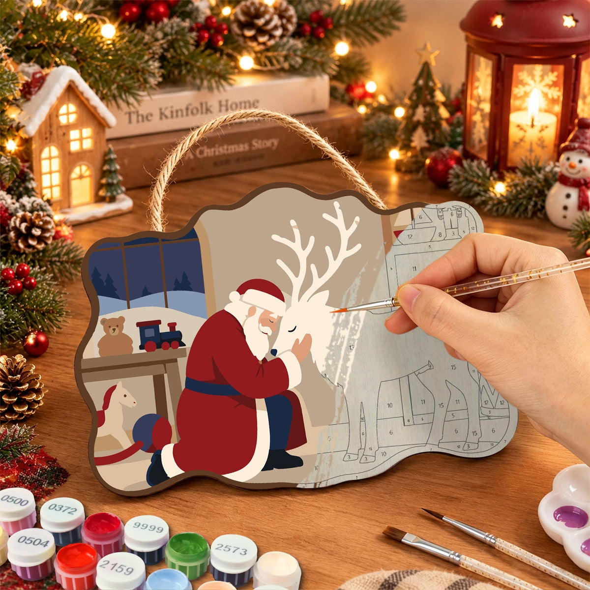 Santa and reindeer bond paint by numbers door hanger painting process