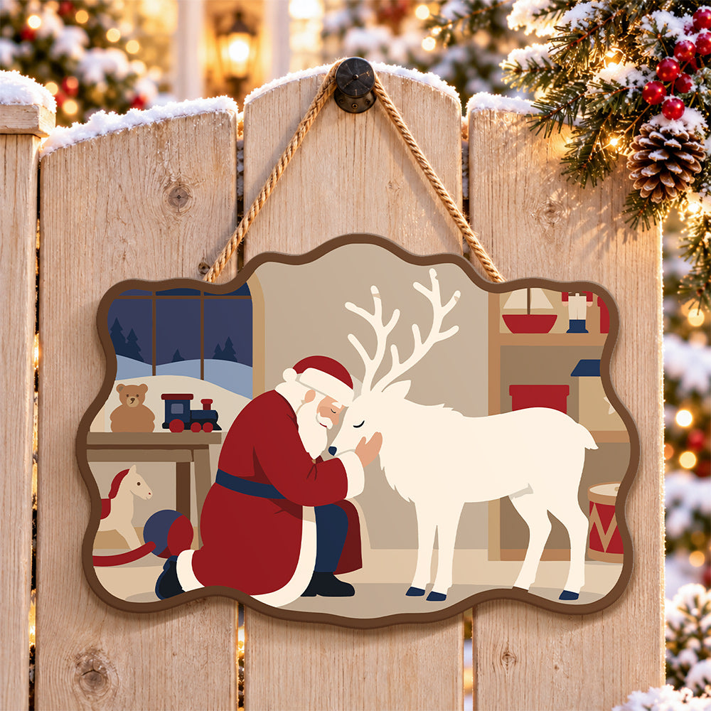 Santa and reindeer bond paint by numbers door hanger on a garden gate