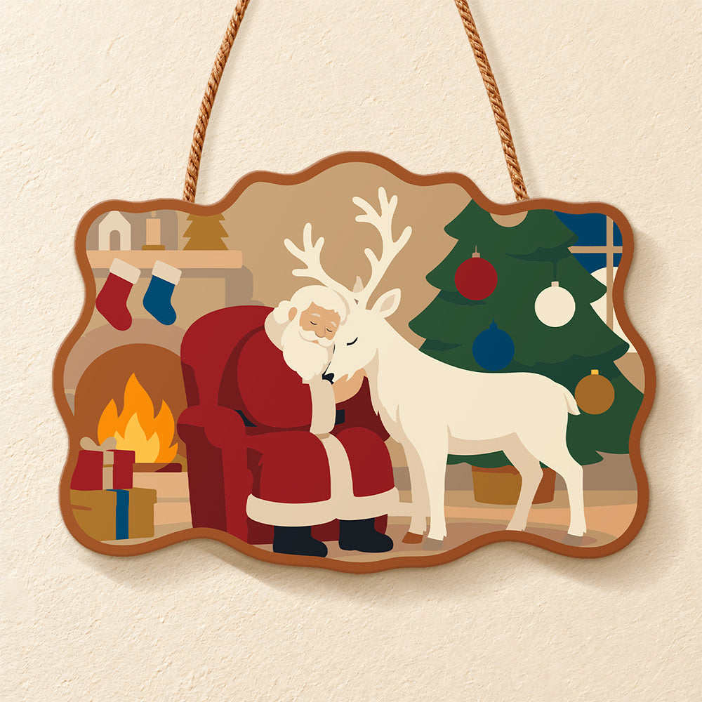 Santa and reindeer cosy night paint by numbers door hanger finished design